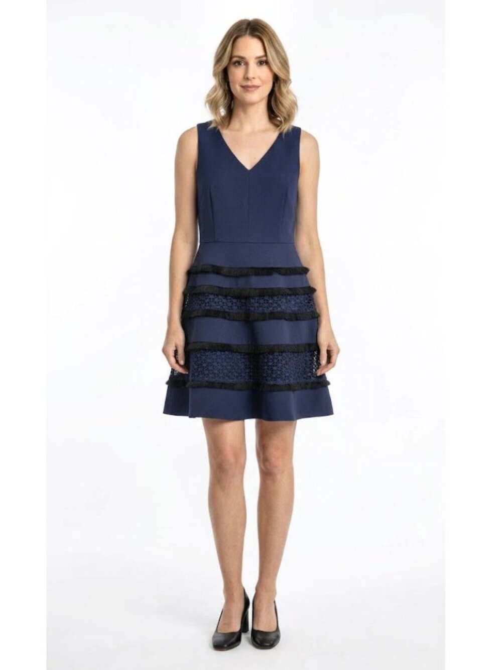 Adelyn Rae Carol Woven Lace Fringe Fit and Flare Dress, Deep Blue Womens Size M